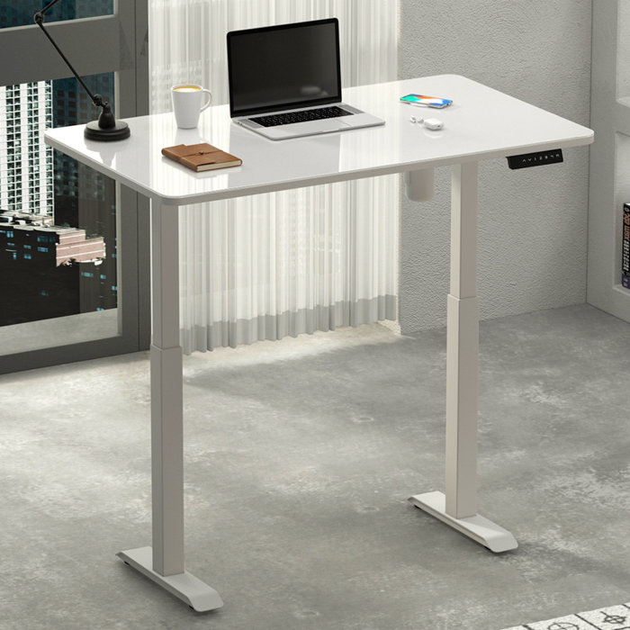 OMFG Toughened Glass Tabletop Electric Height Adjustable Standing Desk With Wireless Charging